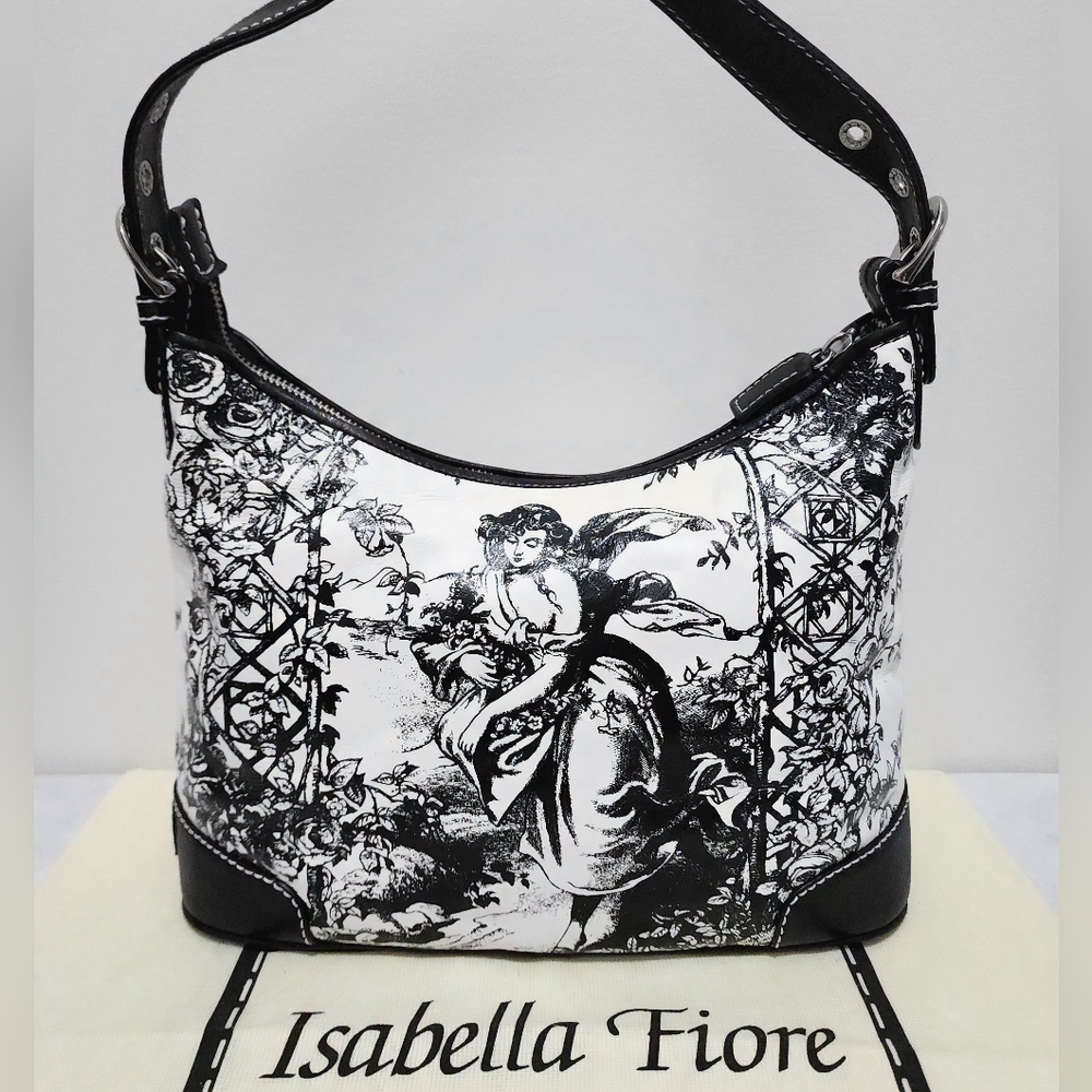 Isabella Fiore Graphic Art Hobo Purse Angel Garden Black & White Shoulder Bag